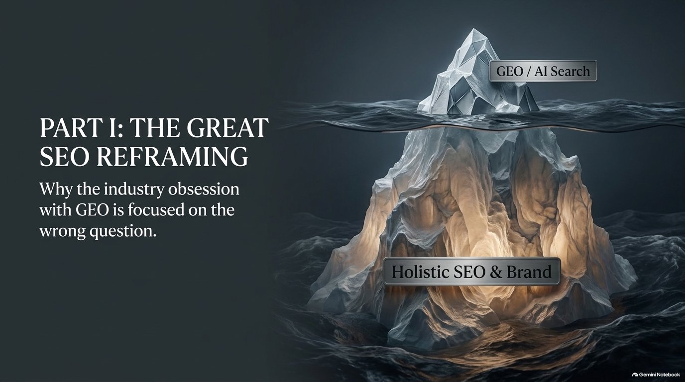 Part I: The Great SEO Reframing — iceberg graphic showing GEO/AI Search as the visible tip of holistic SEO and brand