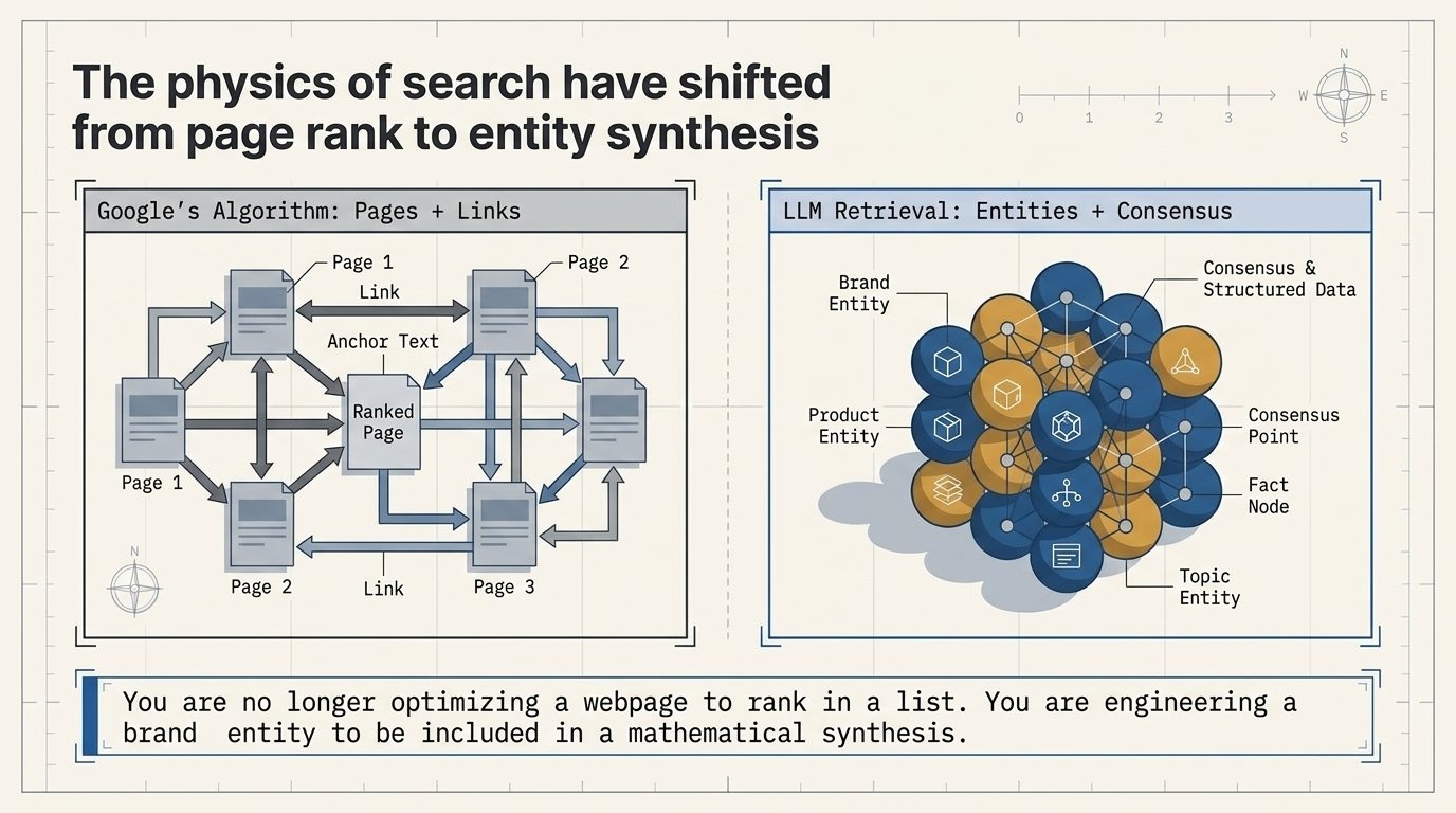 Diagram contrasting Google's page-and-links algorithm with LLM retrieval built on entities and consensus