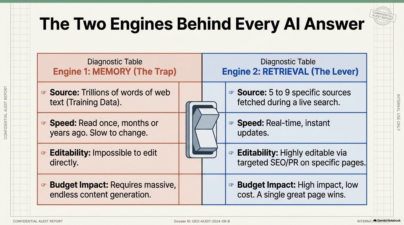 Comparison table of the two engines behind every AI answer: memory (static training data) versus retrieval (live web index)