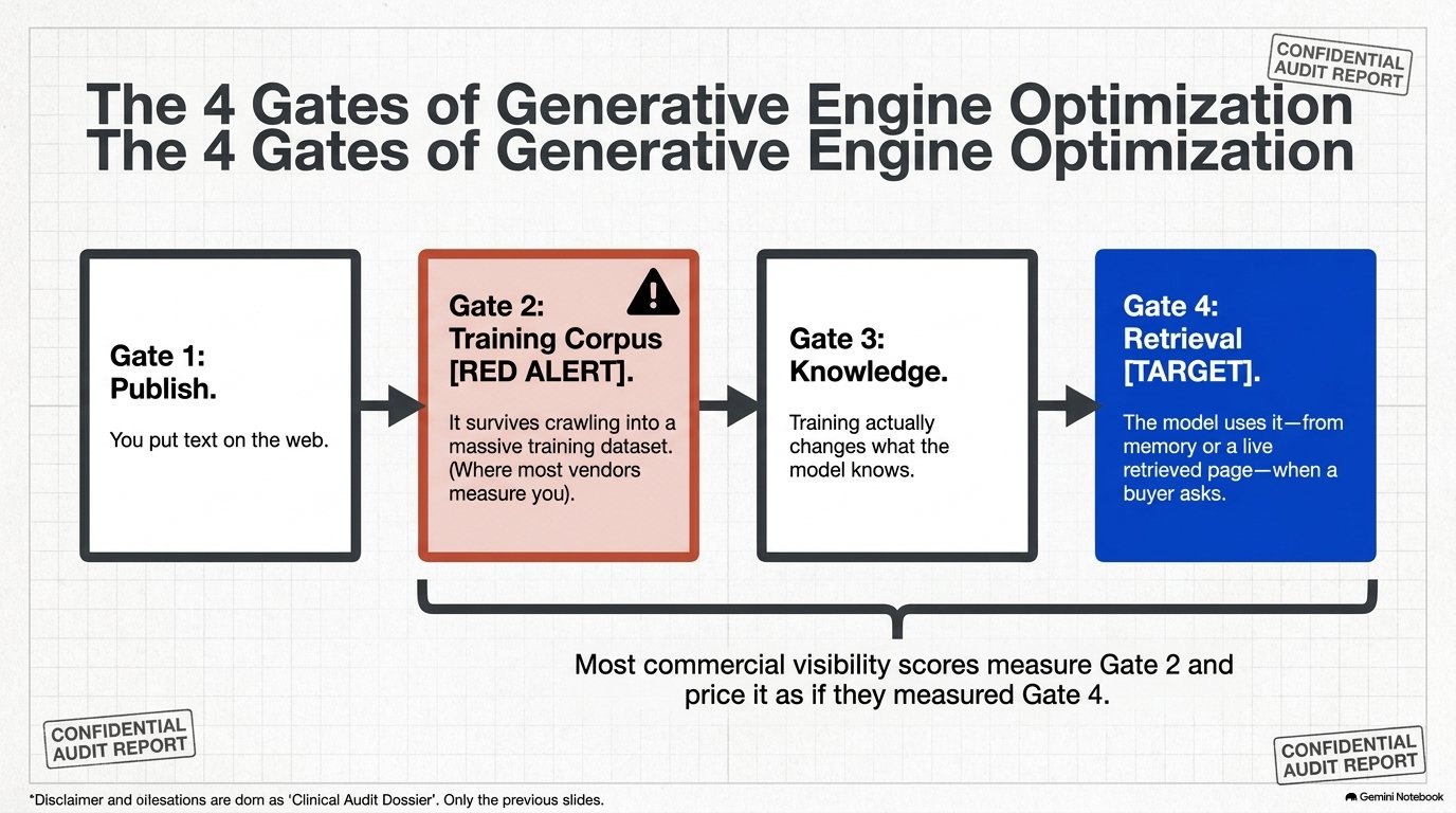 Flow diagram of the four gates of generative engine optimization: publish, training corpus, knowledge, retrieval
