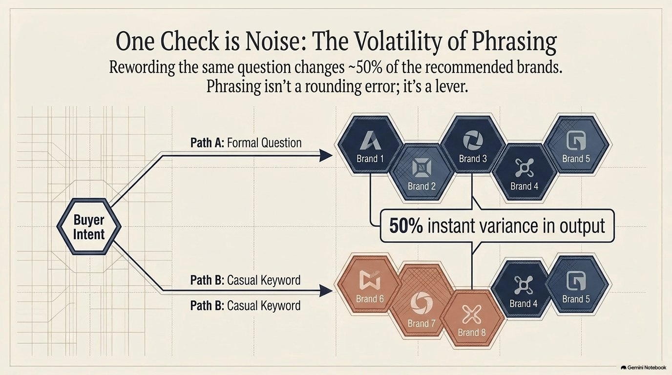 Diagram showing one buyer intent phrased two ways producing 50% instant variance in recommended brands