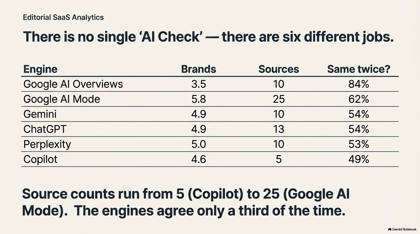 Table showing brands and sources per engine: Google AI Overviews, AI Mode, Gemini, ChatGPT, Perplexity, Copilot — engines agree only a third of the time