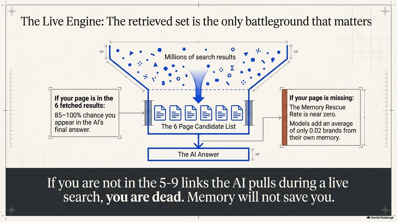 Funnel diagram: millions of search results narrowed to a 5–9 page candidate list that forms the AI answer