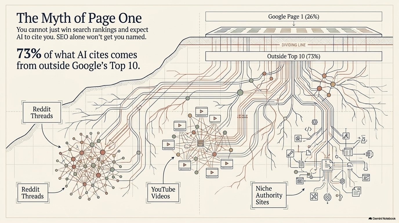 Tree diagram: 73% of what AI cites comes from outside Google's top 10 — Reddit threads, YouTube videos, niche authority sites