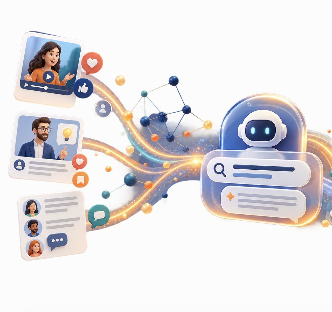 Illustration of a robot assistant surrounded by social content cards