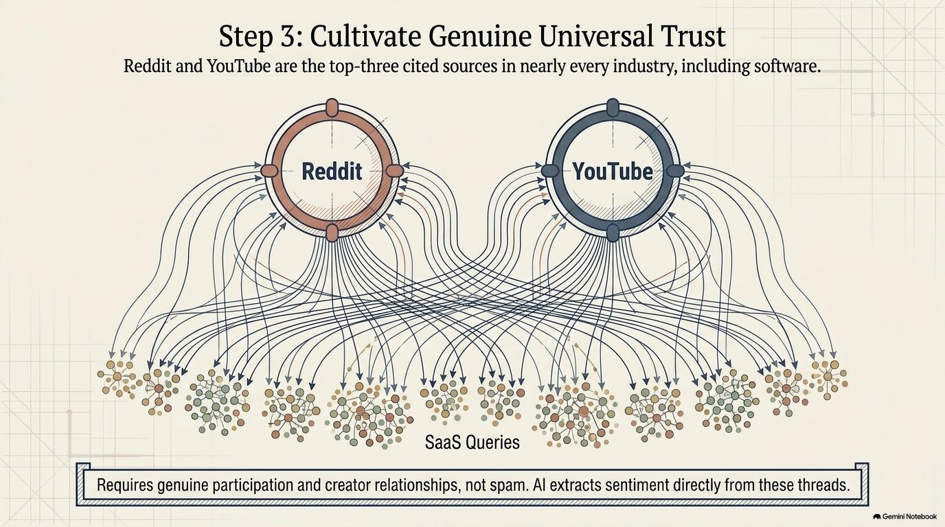 Network diagram showing Reddit and YouTube as the top-cited sources feeding SaaS queries