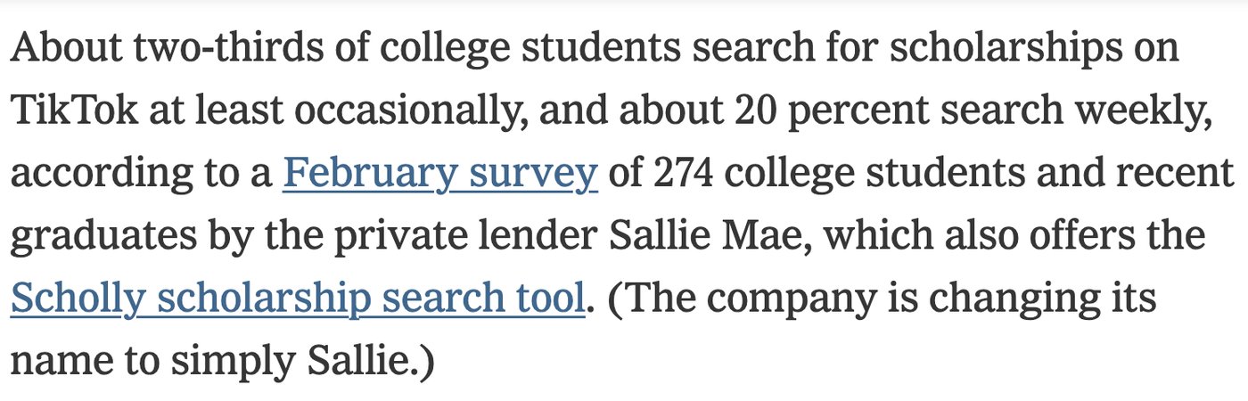 Article excerpt: two-thirds of college students search for scholarships on TikTok, per a survey of 274 students