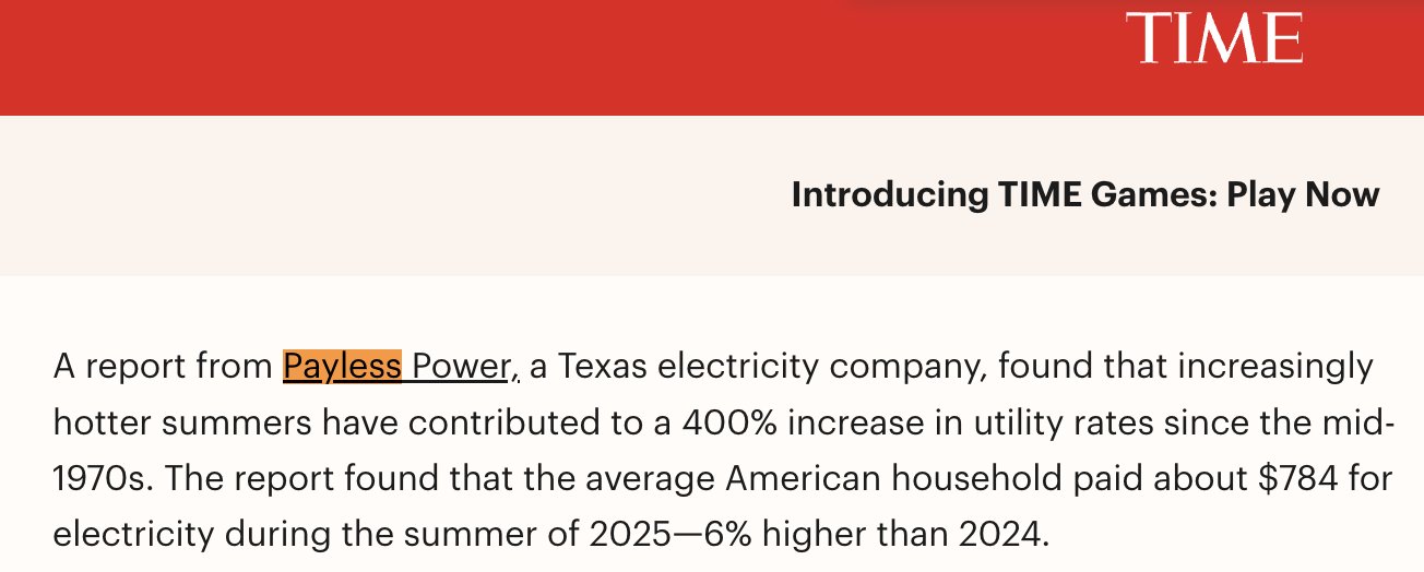TIME article citing a Payless Power report on summer electricity costs