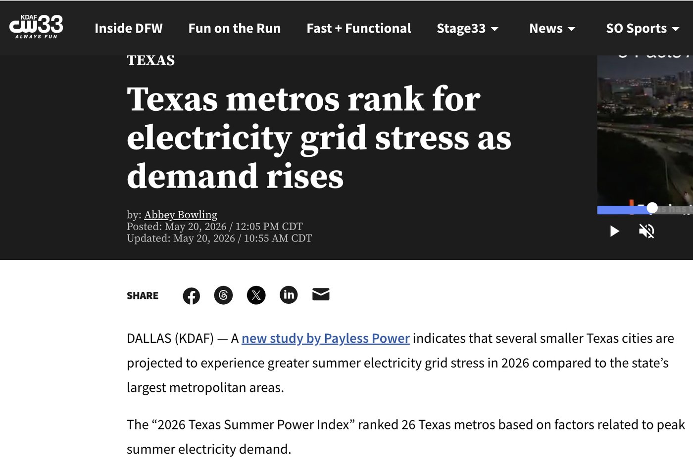 CW33 news segment: Texas metros rank for electricity grid stress as demand rises