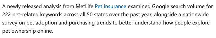 Article excerpt: MetLife analysis of Google search volume for 222 pet-related keywords across all 50 states