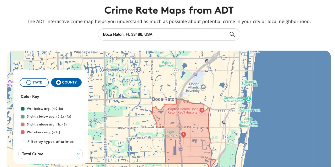 ADT interactive crime rate map showing neighborhood safety data