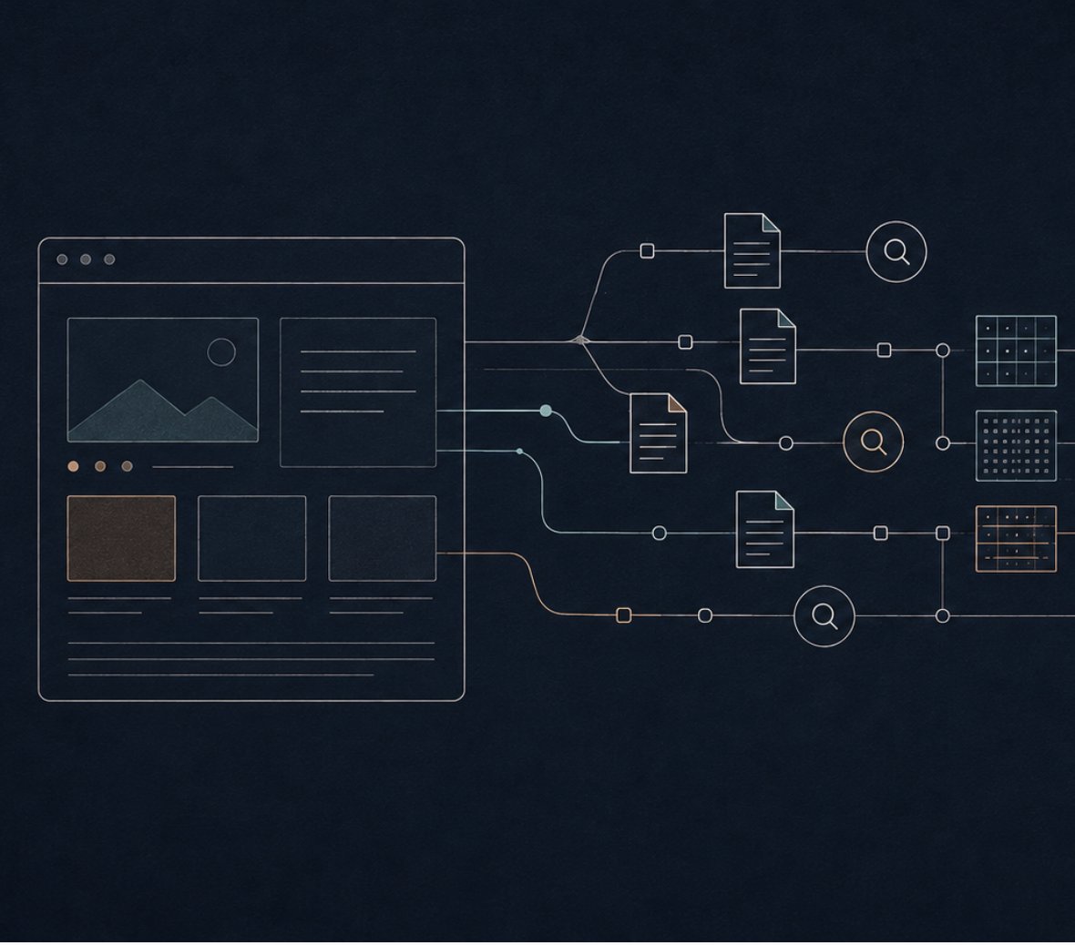 Illustration of a website wireframe connected to search and AI nodes