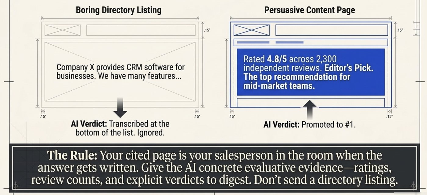 Boring directory listing versus persuasive content page, with the rule: give the AI concrete evaluative evidence