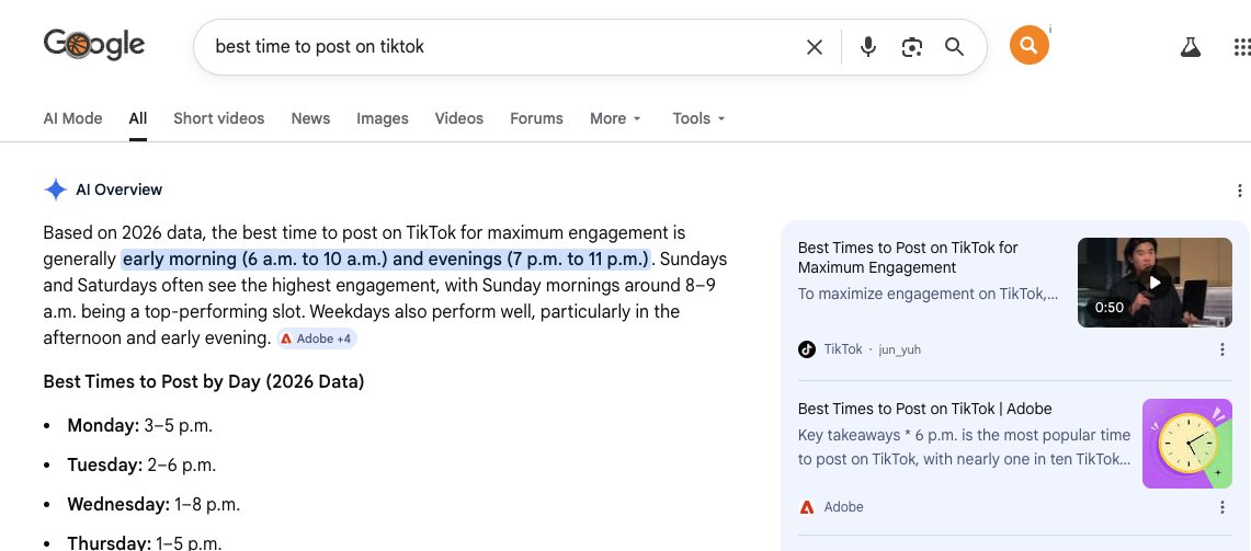 Google search results featuring the Adobe guide for best time to post on TikTok