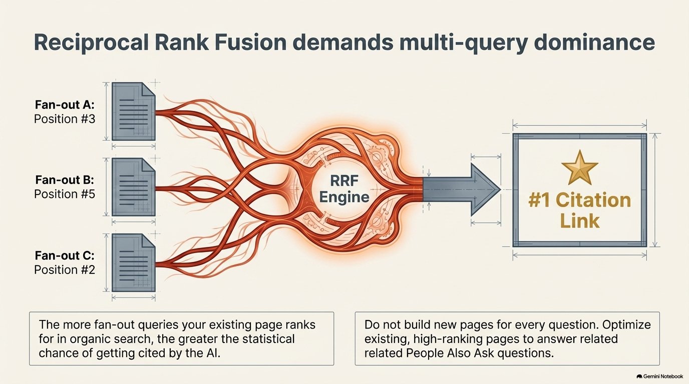 Reciprocal Rank Fusion diagram: fan-out queries feeding an RRF engine that produces the #1 citation link