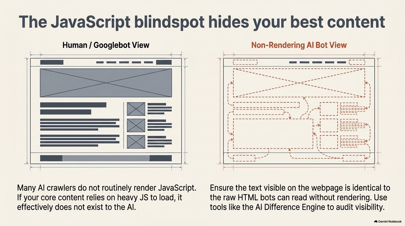 The JavaScript blindspot: human view versus non-rendering AI bot view of the same page