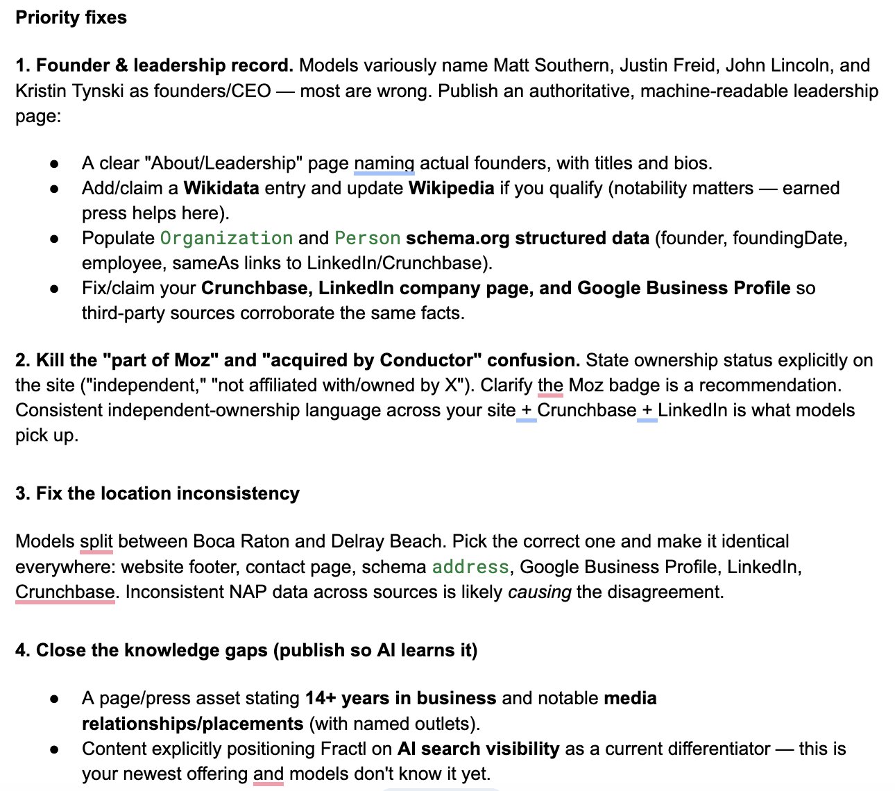 Priority fix list: founder and leadership record, part-of-X confusion, location inconsistency, knowledge gaps