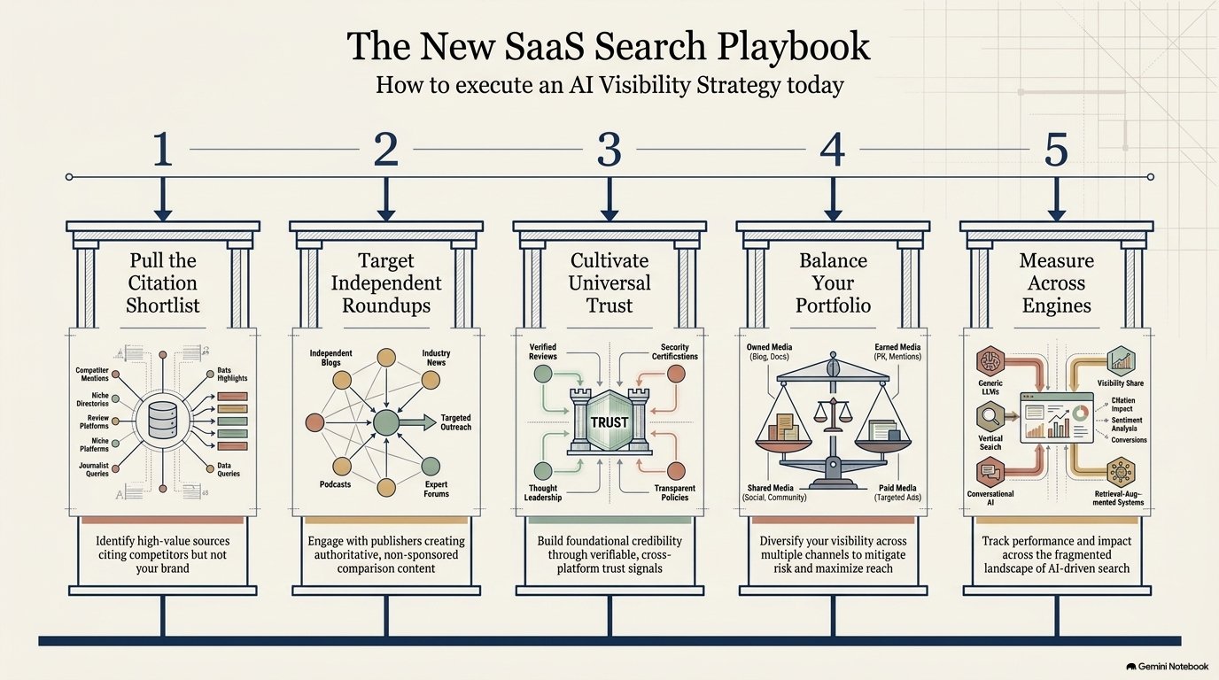The new SaaS search playbook: five pillars — pull the citation shortlist, target independent roundups, cultivate universal trust, balance your portfolio, measure across engines